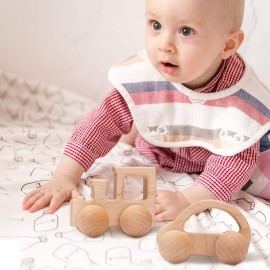 Promise Babe Wooden Rattle Push Car Toys Set - Infant Wooden Rattles, Hand Push Cars, Montessori Natural Wood Toys for Newborn