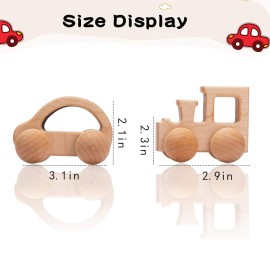 Promise Babe Wooden Rattle Push Car Toys Set - Infant Wooden Rattles, Hand Push Cars, Montessori Natural Wood Toys for Newborn