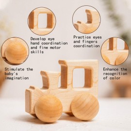 Promise Babe Wooden Rattle Push Car Toys Set - Infant Wooden Rattles, Hand Push Cars, Montessori Natural Wood Toys for Newborn
