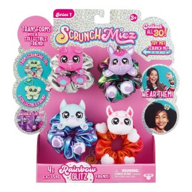 Scrunchmiez Four Pack, Exclusive scrunchies That Magically transforms from Hair Scrunchie to Cute Plush Friend as Well as Backpack Clip. So Many Characters to Collect & wear.