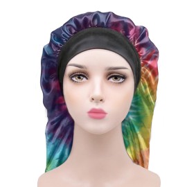 AFPANQZ Tie Dye Rainbow Long Satin Sleep Cap Silky Bonnets Women Girl Long Hair Beanie Turbans for Sleeping Night Hair Net Wide Elastic Band Double Layer Hair Cover Dreadlocks Curly Hair Colored