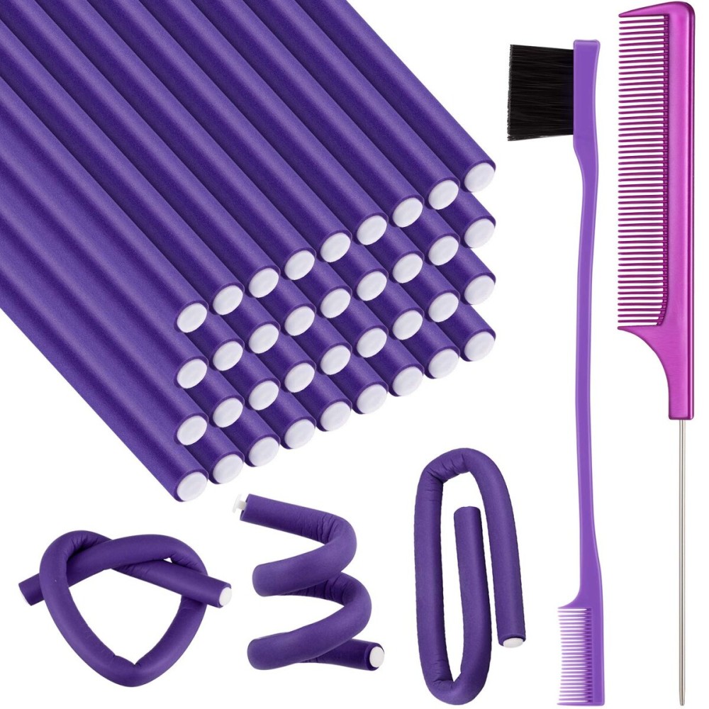 36 Pieces Flexible Foam Curling Rods Twist Foam Hair Roller Bendy Soft No Heat Rollers and Brush Rat Tail Comb for Women Short, Medium, Long Hair(0.32 x 9.4 Inch,Purple) 36 Pieces Flexible Foam Curling Rods Twist Foam Hair Roller Bendy Soft No Heat Rollers and Brush Rat Tail Comb for Women Short, Medium, Long Hair(0.32 x 9.4 Inch,Purple)
