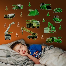Glow in The Dark Construction Wall Stickers - 10 Large Bright Decals for Bedroom Walls and Ceilings - Glowing Sticker Decorations for Girls and Boys Room - Best for Bedtime Adventures