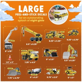 Glow in The Dark Construction Wall Stickers - 10 Large Bright Decals for Bedroom Walls and Ceilings - Glowing Sticker Decorations for Girls and Boys Room - Best for Bedtime Adventures