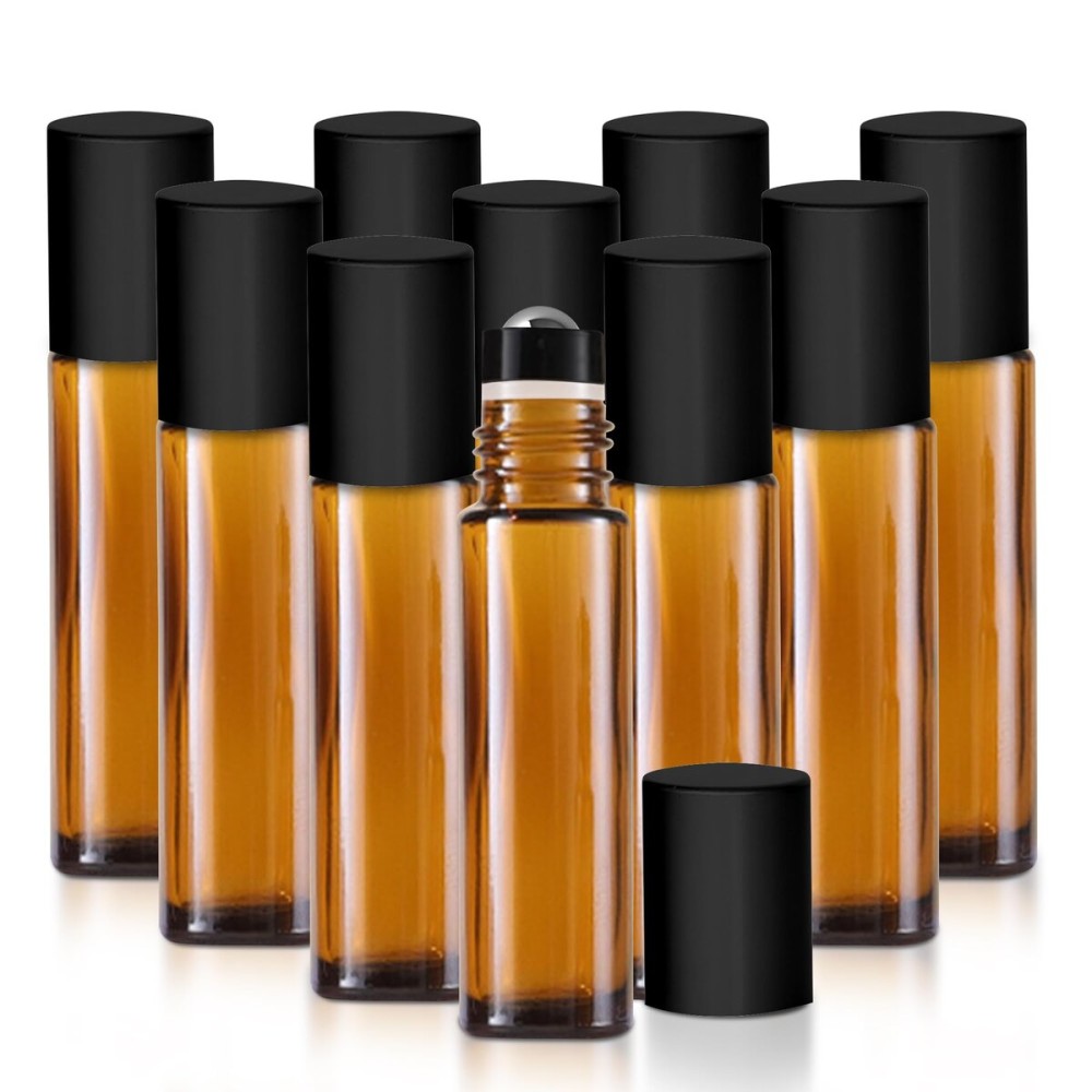 Your Oil Tools 10 Pack Essential Oil Roller Bottles, 10ml Empty Amber glass bottle with Leak Guard Stainless Steel Roller Balls & Black Caps for oils and perfume