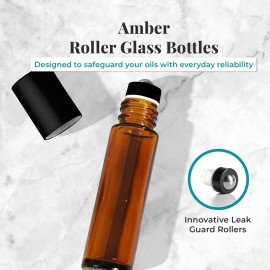 Your Oil Tools 10 Pack Essential Oil Roller Bottles, 10ml Empty Amber glass bottle with Leak Guard Stainless Steel Roller Balls & Black Caps for oils and perfume