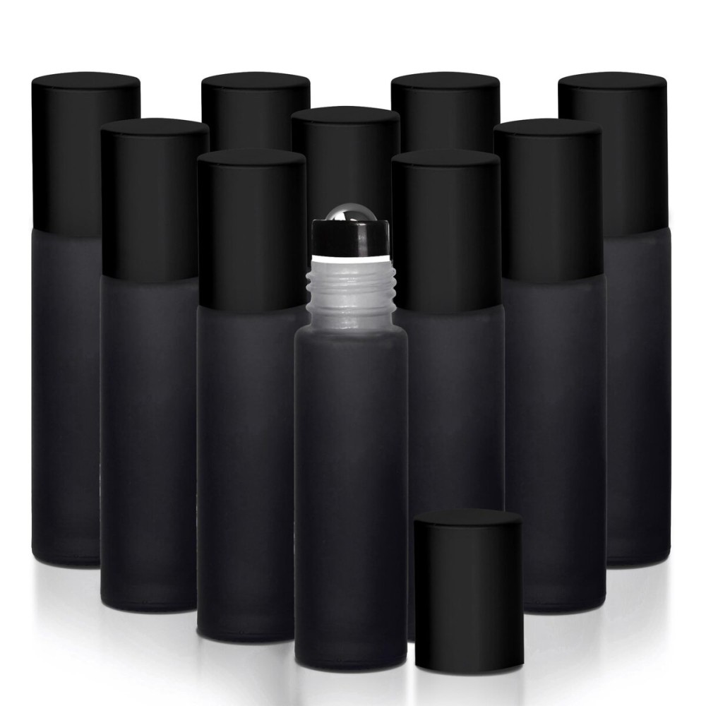 Your Oil Tools 10 Pack Essential Oil Roller Bottles, 10ml Empty Black Frosted Glass Roll-on with Leak Guard Stainless Steel Roller Balls & Black Caps for oils and perfume