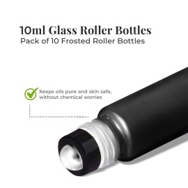 Your Oil Tools 10 Pack Essential Oil Roller Bottles, 10ml Empty Black Frosted Glass Roll-on with Leak Guard Stainless Steel Roller Balls & Black Caps for oils and perfume