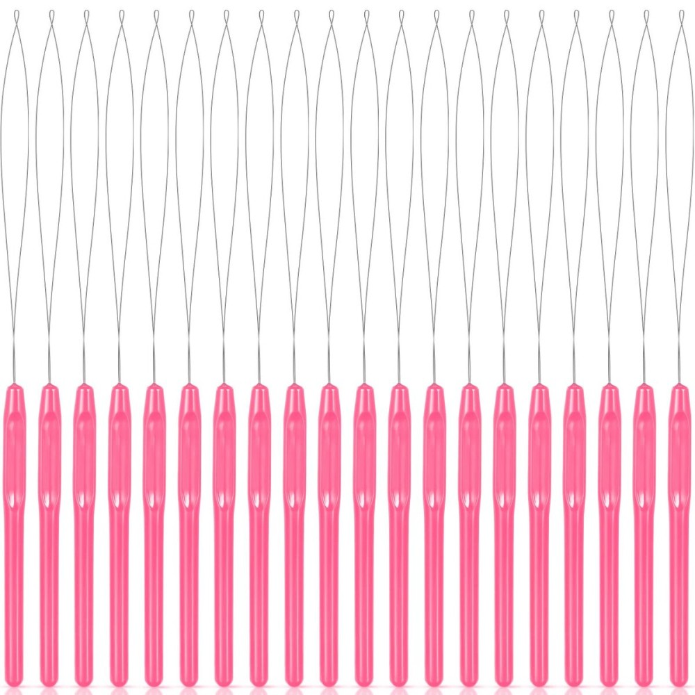 20 Pieces Hair Extension Loop Needle Threader Pulling Hook Needle Bead Device for Hair or Feather Extensions Supplies, DIY Hook Tool Loop Tools(Pink)