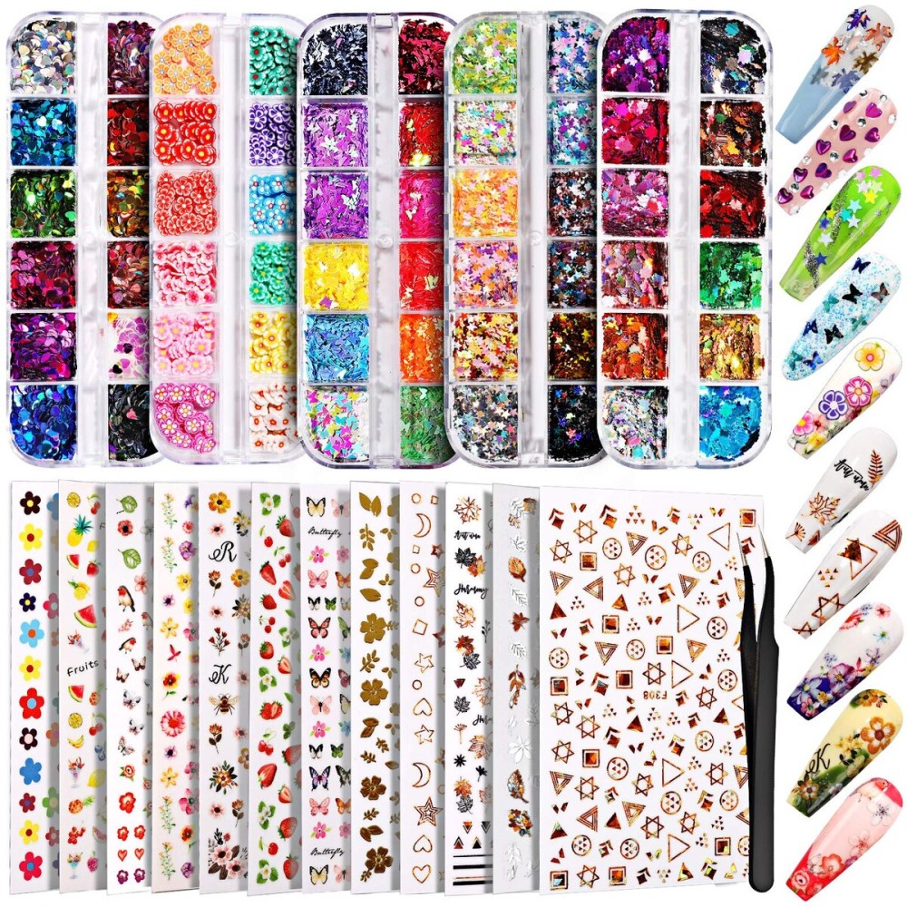 Teenitor 12 Sheets Nail Art Sticker 3D Self-Adhesive, Nail Art Decoration with 5 Boxes Holographic Nail Art Glitter Flakes Butterfly Heart Star Maple Leaf Nail Sequins and Nail Art Flower Slices