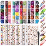 Teenitor 12 Sheets Nail Art Sticker 3D Self-Adhesive, Nail Art Decoration with 5 Boxes Holographic Nail Art Glitter Flakes Butterfly Heart Star Maple Leaf Nail Sequins and Nail Art Flower Slices