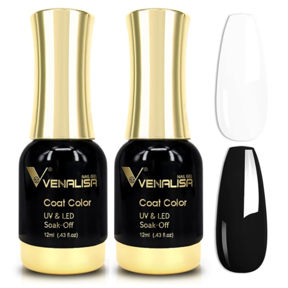 VENALISA 2Pcs Black White Gel Nail Polish Kit, Nail Gel Polish Set Soak Off UV LED Nail Art Starter Manicure Salon DIY at Home