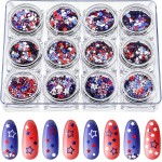 12 Boxes 4th of July Nail Glitter Independence Day Star Nail Sequins Holographic Red Blue Mixed Star Hollow Hexagon Circle Nail Decal 3D for Women Girl Nail Eye Face Body Decor (Bright Style)