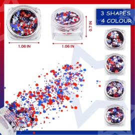 12 Boxes 4th of July Nail Glitter Independence Day Star Nail Sequins Holographic Red Blue Mixed Star Hollow Hexagon Circle Nail Decal 3D for Women Girl Nail Eye Face Body Decor (Bright Style)