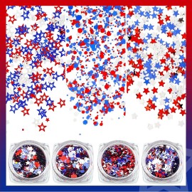 12 Boxes 4th of July Nail Glitter Independence Day Star Nail Sequins Holographic Red Blue Mixed Star Hollow Hexagon Circle Nail Decal 3D for Women Girl Nail Eye Face Body Decor (Bright Style)