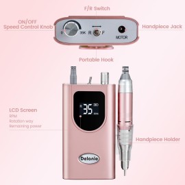 Delanie Electric Nail Drill Professional 35000 RPM Rechargeable Portable E-File for Nail Tech, Rose Gold