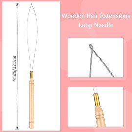 10 Pieces Wooden Hair Extension Loop Needle Kit Threader Wire Pulling Hook Tool and Bead Device Tool Black Loop Threader for Hair or Feather Extensions
