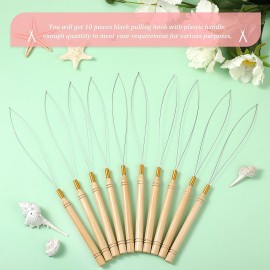 10 Pieces Wooden Hair Extension Loop Needle Kit Threader Wire Pulling Hook Tool and Bead Device Tool Black Loop Threader for Hair or Feather Extensions