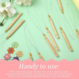 10 Pieces Wooden Hair Extension Loop Needle Kit Threader Wire Pulling Hook Tool and Bead Device Tool Black Loop Threader for Hair or Feather Extensions