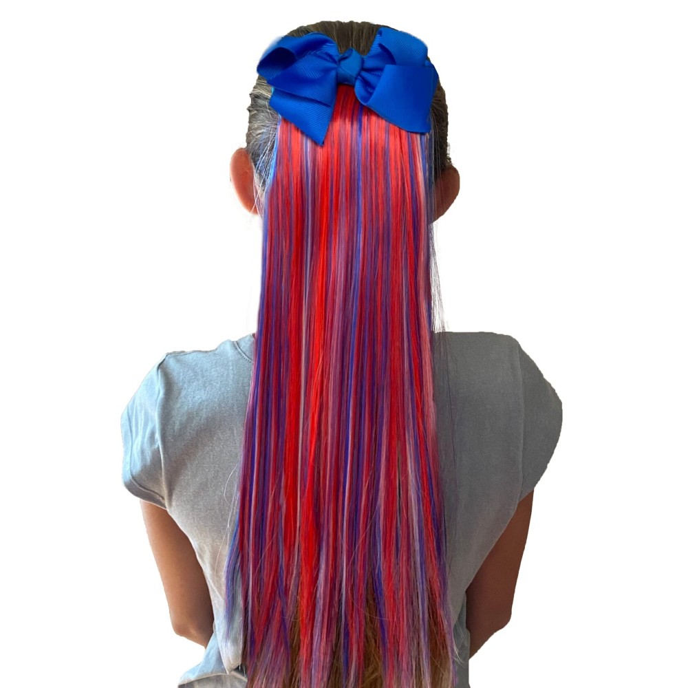 My Hair Popz Deluxe Synthetic Fiber Ponytail Hair Extensions with Bow | Heat and Tangle Resistant Colored Hair Extensions for Kids | Easy to Attach Ponytail for Child Friendly Use | Red, White & Blue