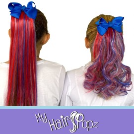 My Hair Popz Deluxe Synthetic Fiber Ponytail Hair Extensions with Bow | Heat and Tangle Resistant Colored Hair Extensions for Kids | Easy to Attach Ponytail for Child Friendly Use | Red, White & Blue