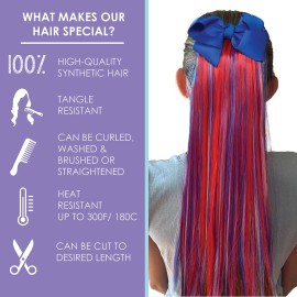 My Hair Popz Deluxe Synthetic Fiber Ponytail Hair Extensions with Bow | Heat and Tangle Resistant Colored Hair Extensions for Kids | Easy to Attach Ponytail for Child Friendly Use | Red, White & Blue