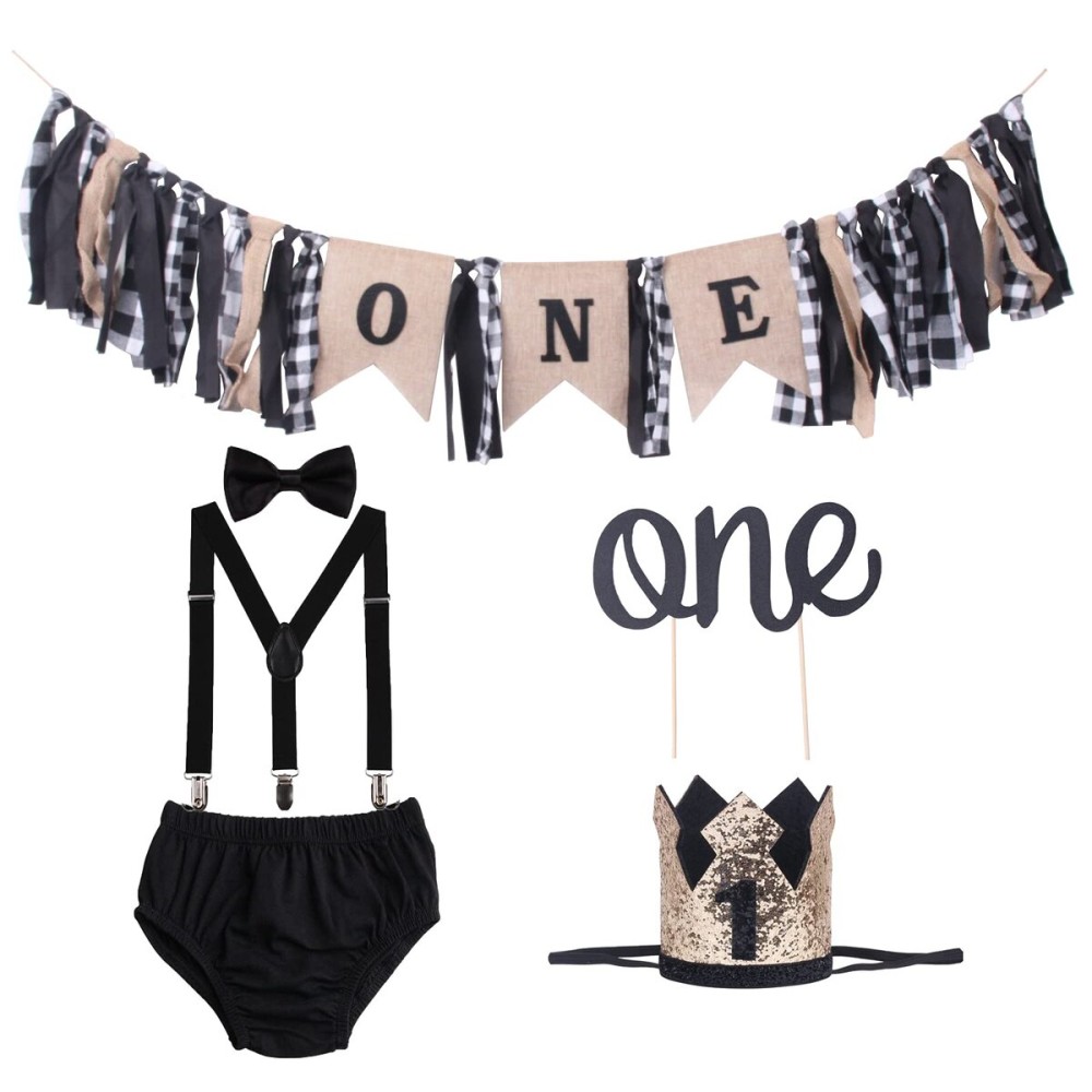 GUCHOL First Birthday Cake Smash High Chair Banner for Baby Boys - Suspenders Bow Tie Glitter Blue Crown Bloomers Clothes (Black 5PC Set)