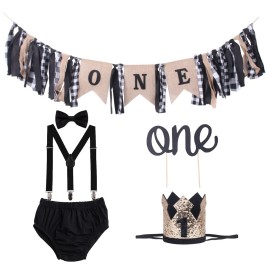 GUCHOL First Birthday Cake Smash High Chair Banner for Baby Boys - Suspenders Bow Tie Glitter Blue Crown Bloomers Clothes (Black 5PC Set)