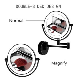 HIHIA Wall Mounted Makeup Mirror with 10X Magnification, 8 Inch Double Sided Vanity Magnifying Vanity Mirror with Led Lights for Girls, USB Rechargeable, Touch Control ON/Off Matte Black (Black)