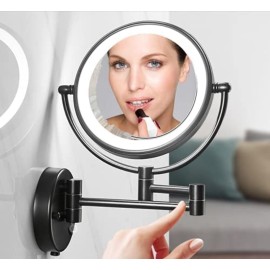 HIHIA Wall Mounted Makeup Mirror with 10X Magnification, 8 Inch Double Sided Vanity Magnifying Vanity Mirror with Led Lights for Girls, USB Rechargeable, Touch Control ON/Off Matte Black (Black)