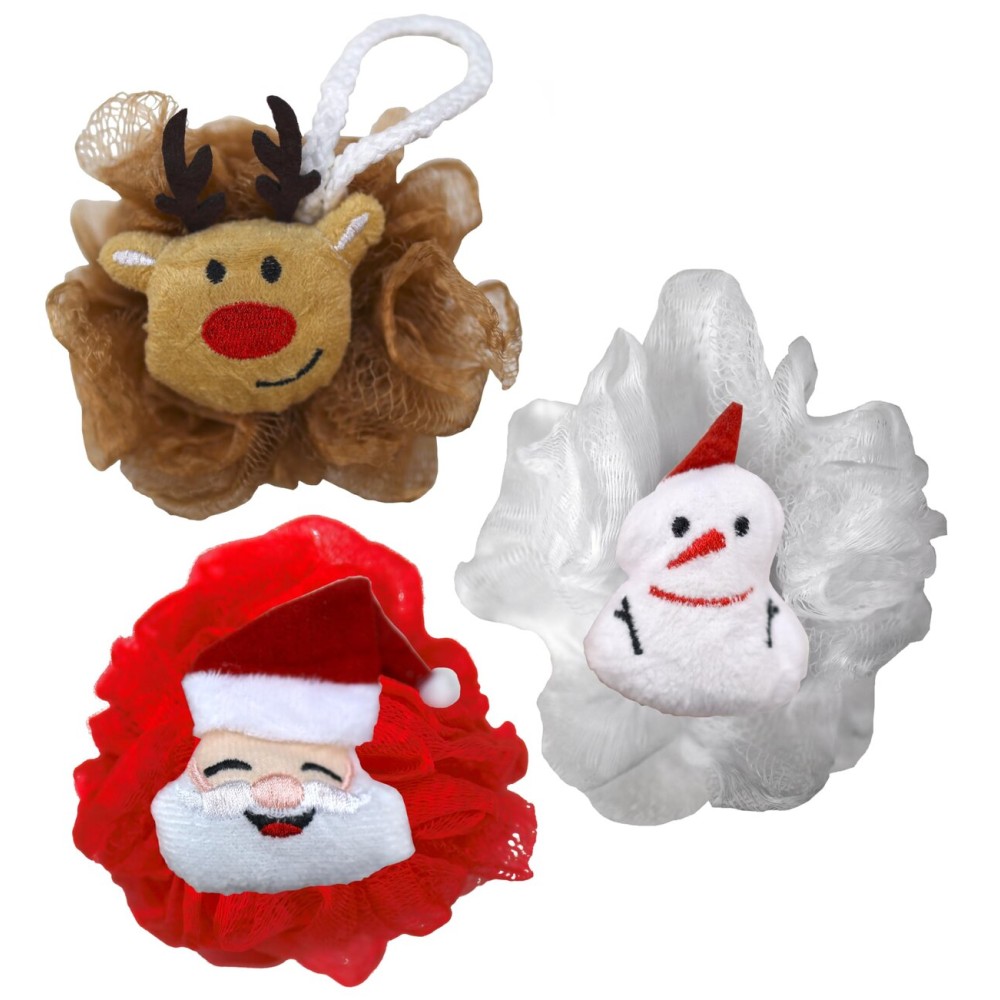 Iconikal Christmas Character Exfoliating Loofahs, 3-Pack, Santa, Reindeer, Snowman