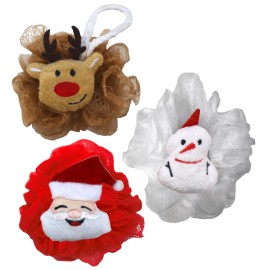 Iconikal Christmas Character Exfoliating Loofahs, 3-Pack, Santa, Reindeer, Snowman