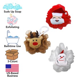 Iconikal Christmas Character Exfoliating Loofahs, 3-Pack, Santa, Reindeer, Snowman