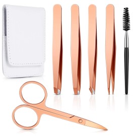 Honoson 6 Pcs Eyebrow Tweezers Set for Women Precision Tweezer for Eyebrows with Curved Scissors Eyelash Brush Girls Facial Hair Plucking Daily Beauty Tools with Leather Storage Case(Cute Color)