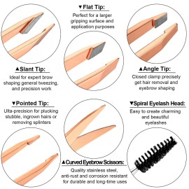 Honoson 6 Pcs Eyebrow Tweezers Set for Women Precision Tweezer for Eyebrows with Curved Scissors Eyelash Brush Girls Facial Hair Plucking Daily Beauty Tools with Leather Storage Case(Cute Color)