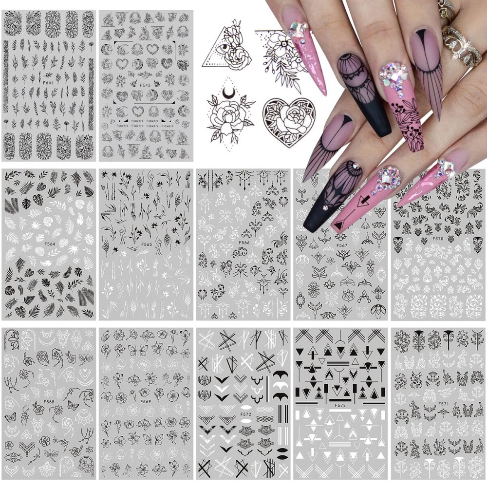 EBANKU 12 Sheets Black White Nail Art Sticker, Leaves Retro Flower Vine Pattern Decals French Classic Simple Self Adhesive Decals, for Girl Women Nails Art DIY Decoration EBANKU 12 Sheets Black White Nail Art Sticker, Leaves Retro Flower Vine Pattern Decals French Classic Simple Self Adhesive Decals, for Girl Women Nails Art DIY Decoration