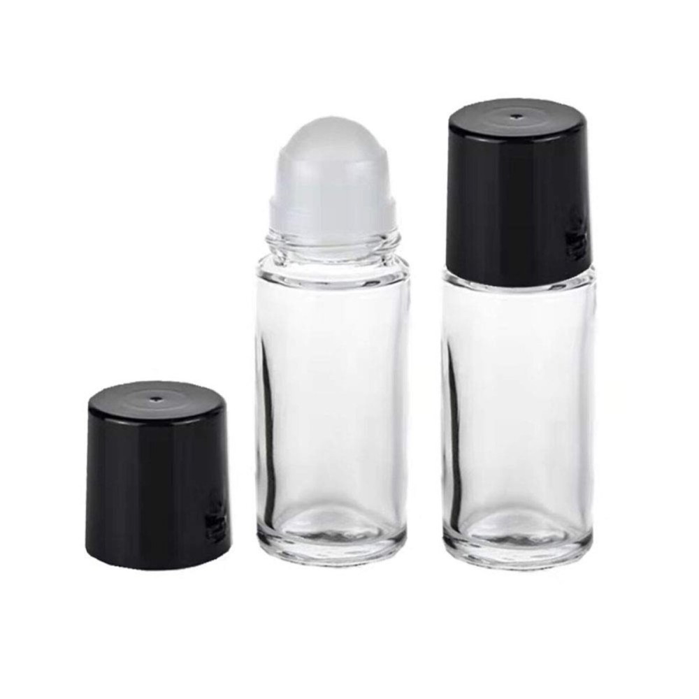 2Pcs 30 ml 1oz Deodorant Glass Roller Bottles Refillable Empty Massage Roll On Bottles Containers with Plastic Roller Ball Black Cap for Essential Oils DIY Deodorant, Clear