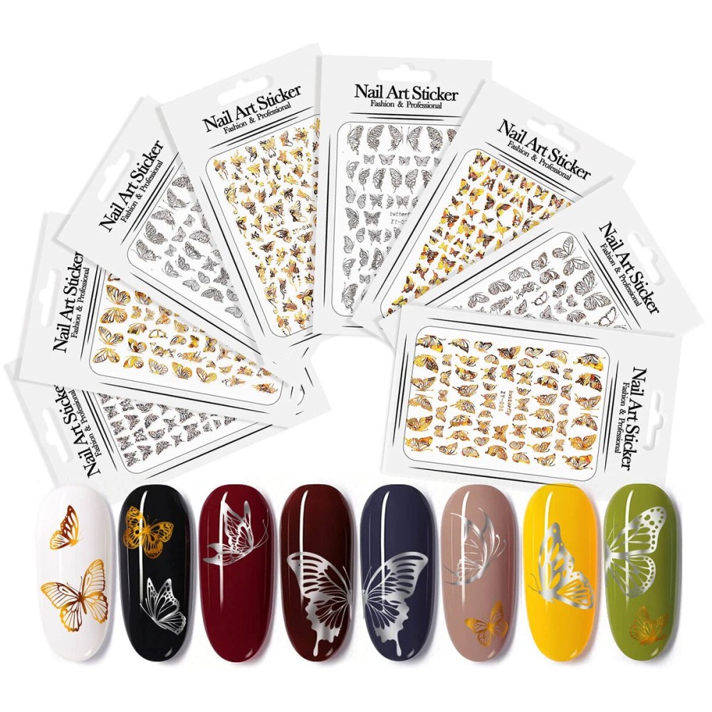 Butterfly Nail StickersGold Nail Art Stickers Silver Color Decals Self-Adhesive Laser Butterflies Design Tattoos Accessories Decorations for Acrylic Nails - 8 Sheets Butterfly Nail StickersGold Nail Art Stickers Silver Color Decals Self-Adhesive Laser Butterflies Design Tattoos Accessories Decorations for Acrylic Nails - 8 Sheets