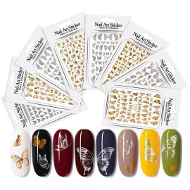 Butterfly Nail StickersGold Nail Art Stickers Silver Color Decals Self-Adhesive Laser Butterflies Design Tattoos Accessories Decorations for Acrylic Nails - 8 Sheets