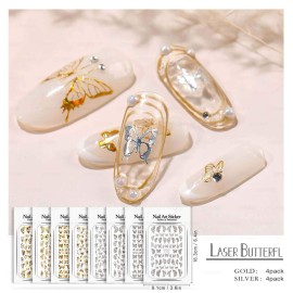 Butterfly Nail StickersGold Nail Art Stickers Silver Color Decals Self-Adhesive Laser Butterflies Design Tattoos Accessories Decorations for Acrylic Nails - 8 Sheets Butterfly Nail StickersGold Nail Art Stickers Silver Color Decals Self-Adhesive Laser Butterflies Design Tattoos Accessories Decorations for Acrylic Nails - 8 Sheets