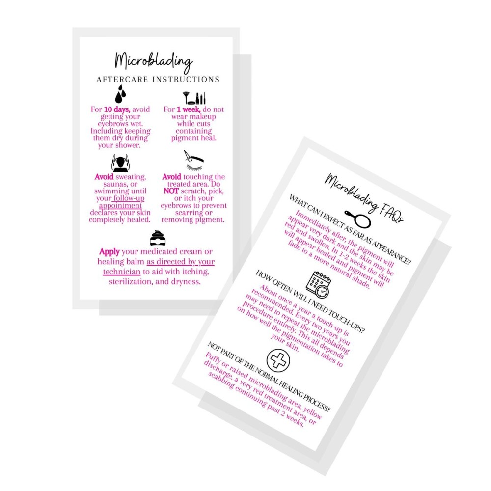 Boutique Marketing LLC Microblading Aftercare Instruction Cards | 50 Pack | Size 3.5 x 2 inches | Disposable FAQ Snatched Brows PMU | White with Pink Font Design