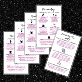 Boutique Marketing LLC Microblading Aftercare Instruction Cards | 50 Pack | Size 3.5 x 2 inches | Disposable FAQ Snatched Brows PMU | White with Pink Font Design
