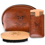 Menesia Beard Brush and Comb Set, Boar Bristle Hair Beard Brush Kit with Small Leather Travel Toiletry Bag Case for Men, Include Men\'s Wooden Mustache Comb