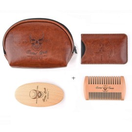 Menesia Beard Brush and Comb Set, Boar Bristle Hair Beard Brush Kit with Small Leather Travel Toiletry Bag Case for Men, Include Men\'s Wooden Mustache Comb