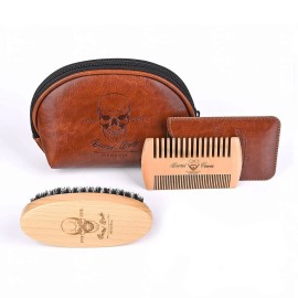 Menesia Beard Brush and Comb Set, Boar Bristle Hair Beard Brush Kit with Small Leather Travel Toiletry Bag Case for Men, Include Men\'s Wooden Mustache Comb
