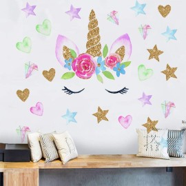 heshengzaixian Unicorn Horn Wall Stickers,Cute Unicorn Face Star Heart Peel & Stick Removable Wall Decals for Girls Bedroom, Baby Girl Nursery Kids Birthday Wall Decoration,Girl\'s Room Decor