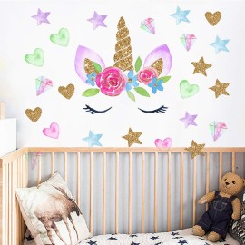 heshengzaixian Unicorn Horn Wall Stickers,Cute Unicorn Face Star Heart Peel & Stick Removable Wall Decals for Girls Bedroom, Baby Girl Nursery Kids Birthday Wall Decoration,Girl\'s Room Decor