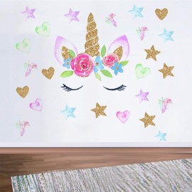 heshengzaixian Unicorn Horn Wall Stickers,Cute Unicorn Face Star Heart Peel & Stick Removable Wall Decals for Girls Bedroom, Baby Girl Nursery Kids Birthday Wall Decoration,Girl\'s Room Decor