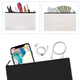 Sinzip 12 Pieces Black Cotton Canvas Makeup Bag, Multipurpose Cosmetic Bag with Zipper Travel Toiletry Pouch, Blank DIY Craft Bag (Black, M)