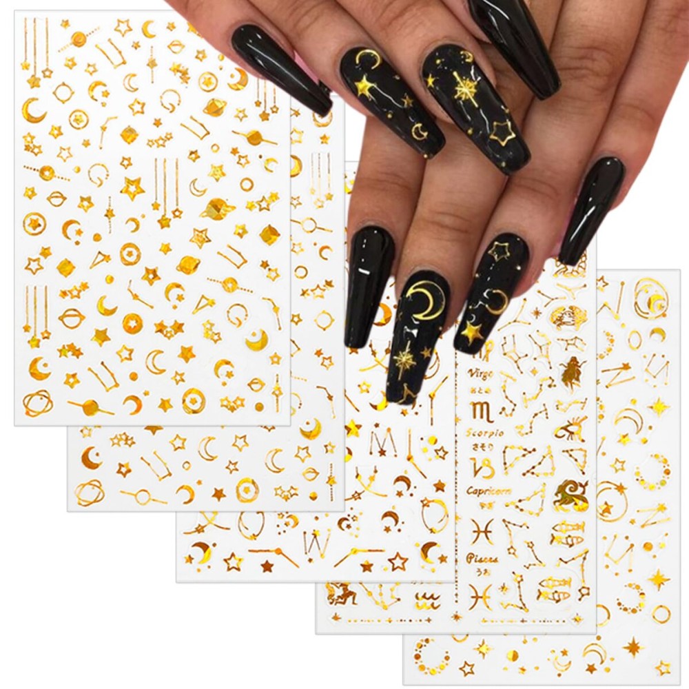 TailaiMei 12 Sheets Gold Moon Star Nail Stickers, 3D Metallic Laser Self-Adhesive Nail Art Decals for Women Manicure DIY or Nail Salon(1000Pcs) TailaiMei 12 Sheets Gold Moon Star Nail Stickers, 3D Metallic Laser Self-Adhesive Nail Art Decals for Women Manicure DIY or Nail Salon(1000Pcs)